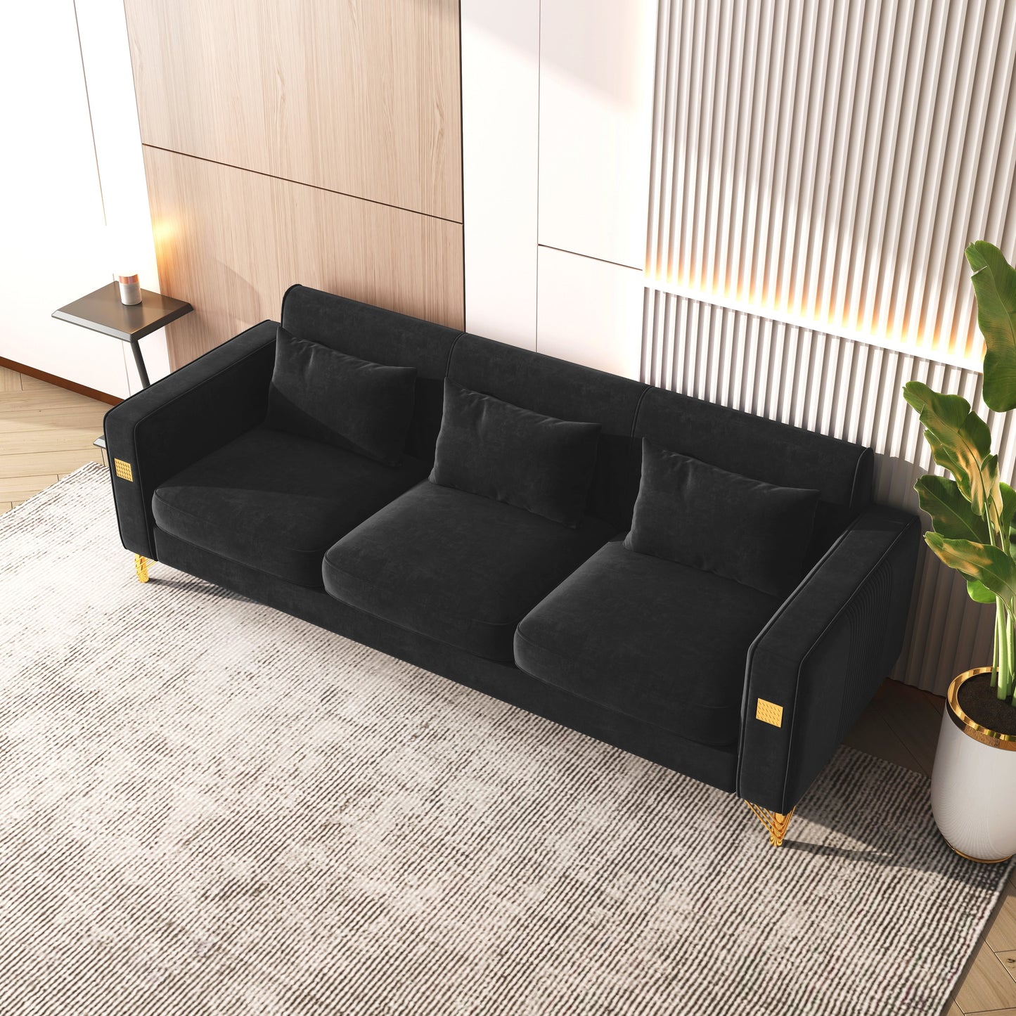 Black Velvet 3-seater Sofa with Gold Finish Metal Leg