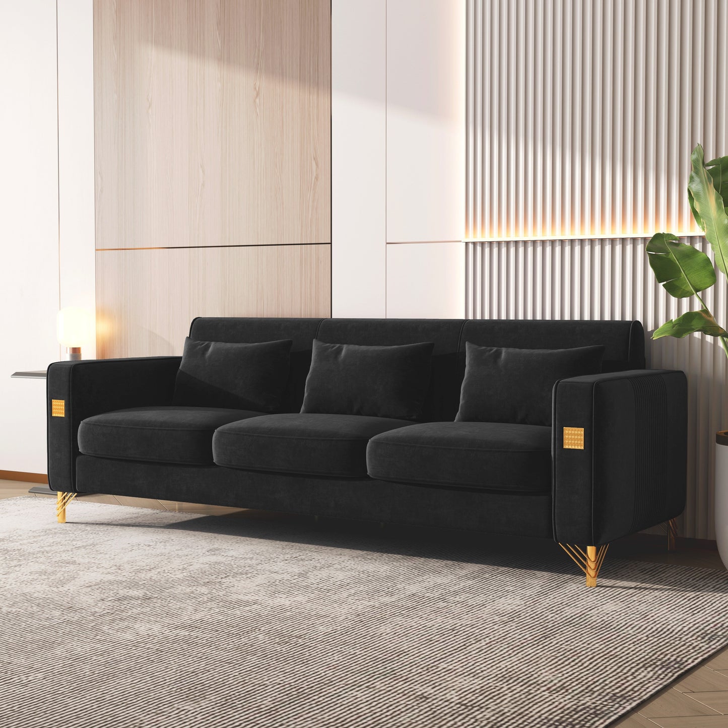 Black Velvet 3-seater Sofa with Gold Finish Metal Leg