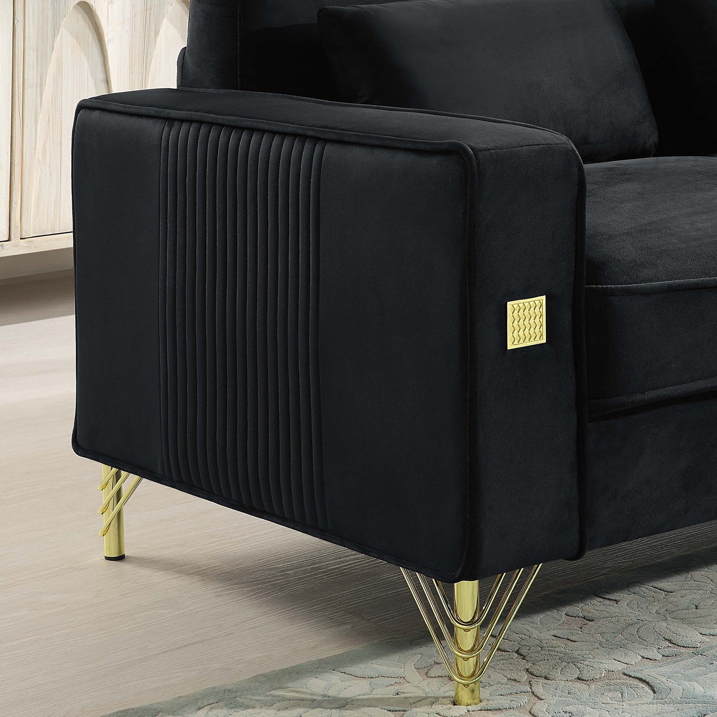 Black Velvet 3-seater Sofa with Gold Finish Metal Leg