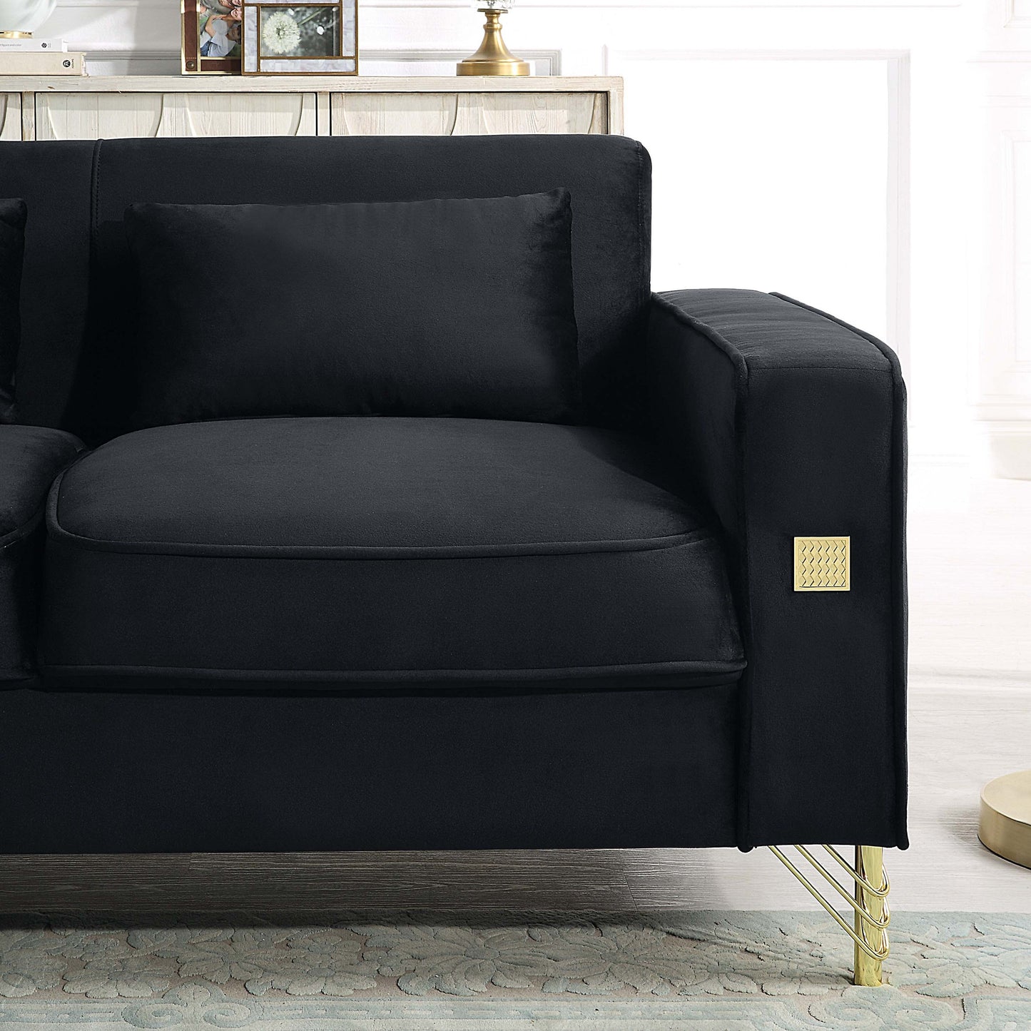 Black Velvet 3-seater Sofa with Gold Finish Metal Leg