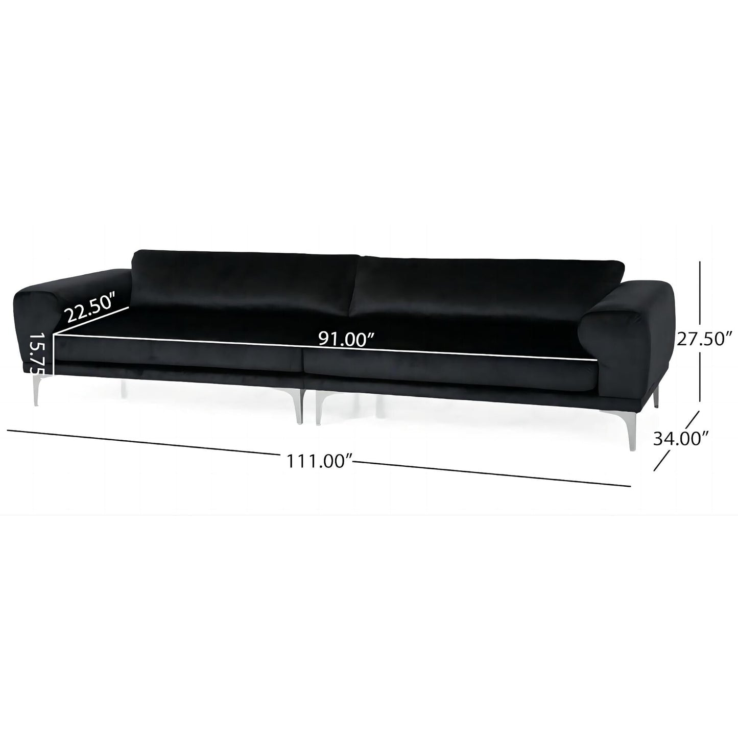 Black Velvet 4-Seater Sofa with Cushions and Metal Legs