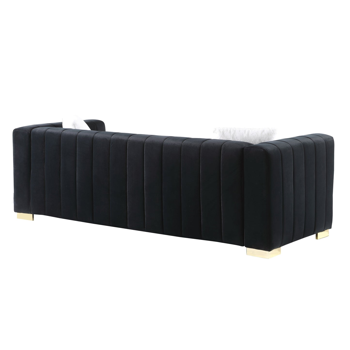 Black Velvet Channel Tufted 3-seater Sofa with Pillows