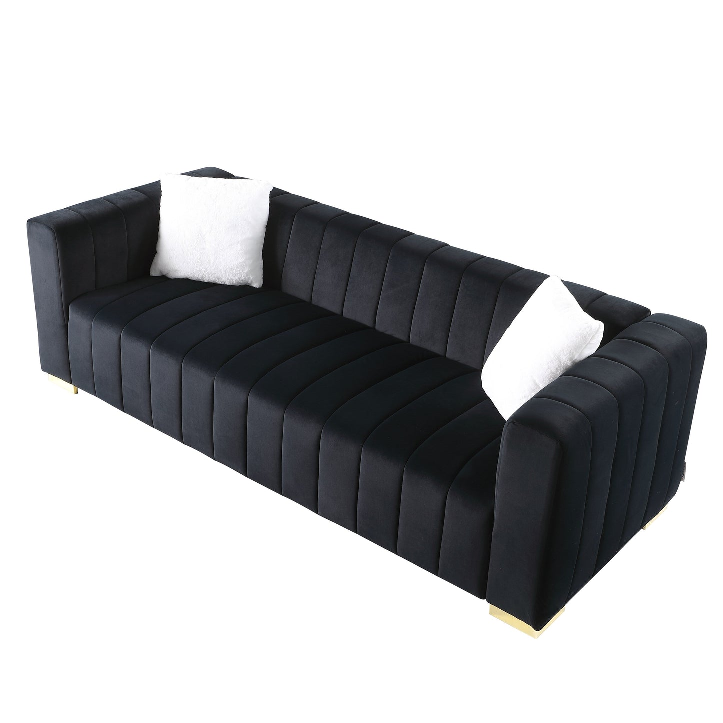 Black Velvet Channel Tufted 3-seater Sofa with Pillows