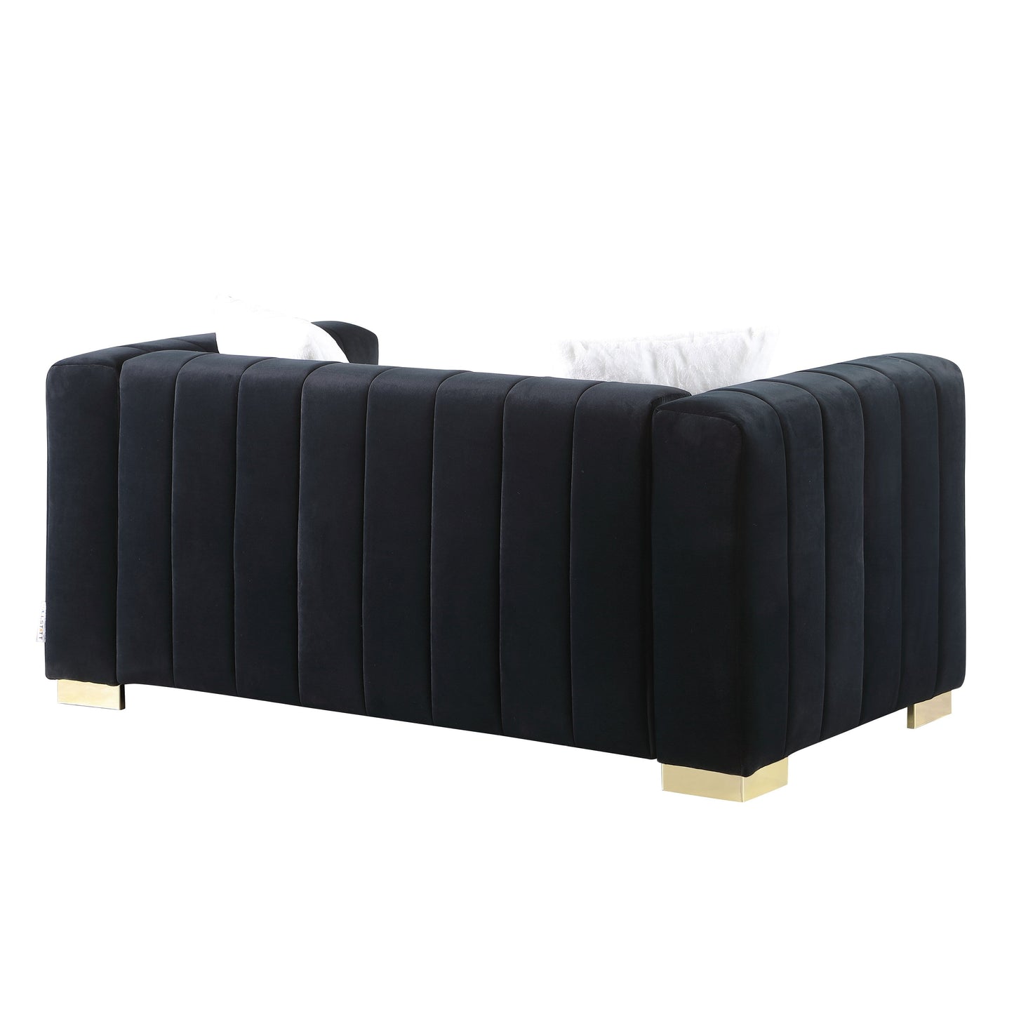 Black Velvet Channel Tufted 3-seater Sofa with Pillows