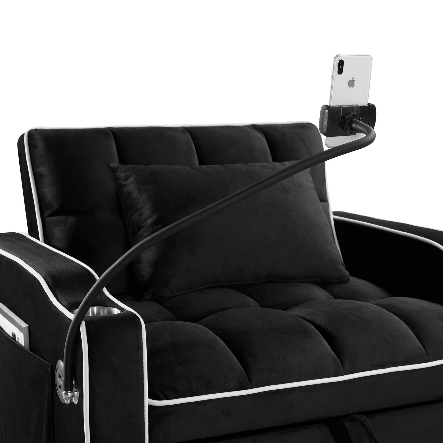Black Velvet Single Convertible Sofa Bed with USB Charging Port