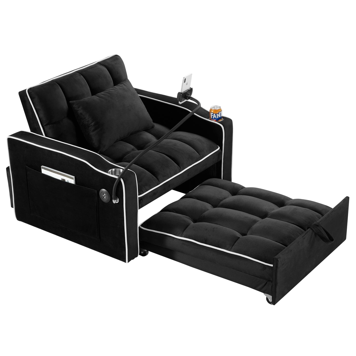 Black Velvet Single Convertible Sofa Bed with USB Charging Port