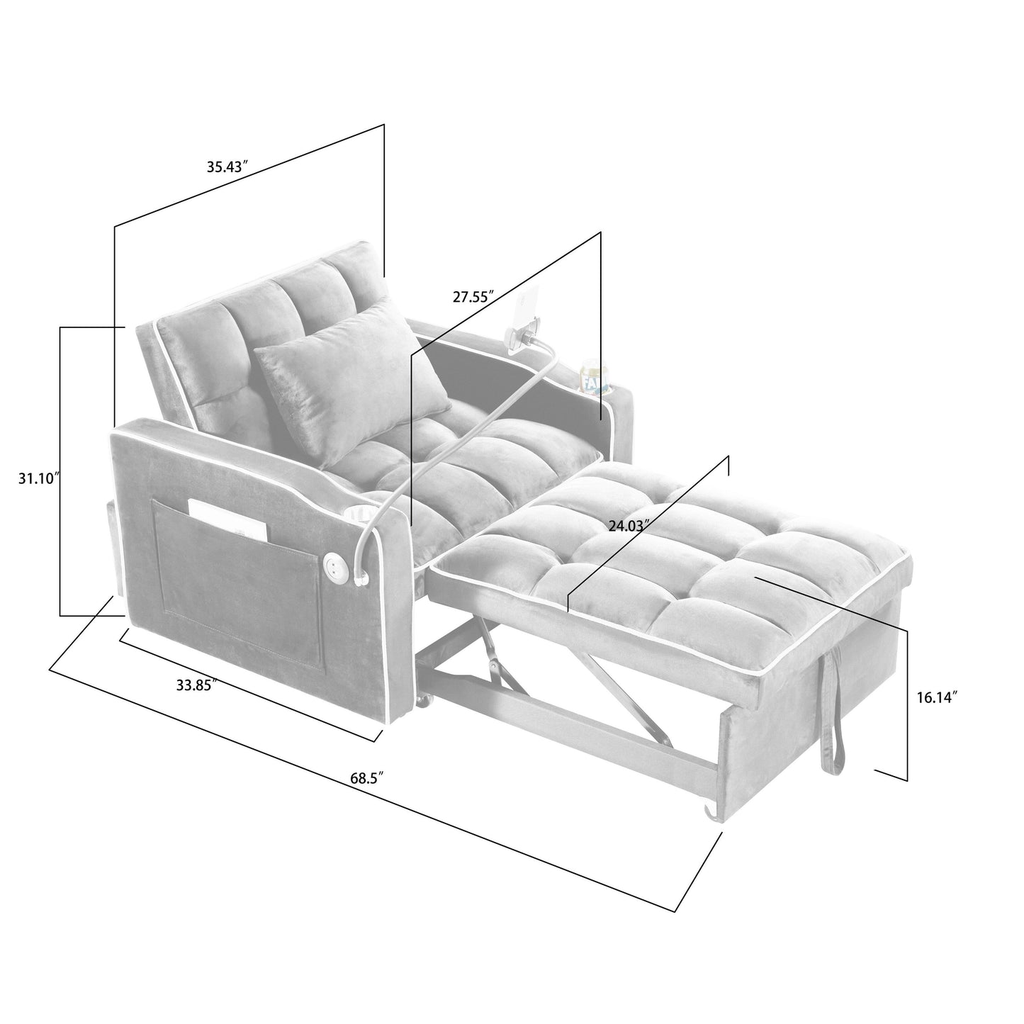Black Velvet Single Convertible Sofa Bed with USB Charging Port