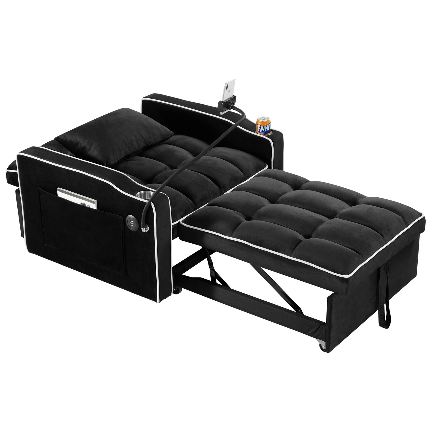 Black Velvet Single Convertible Sofa Bed with USB Charging Port