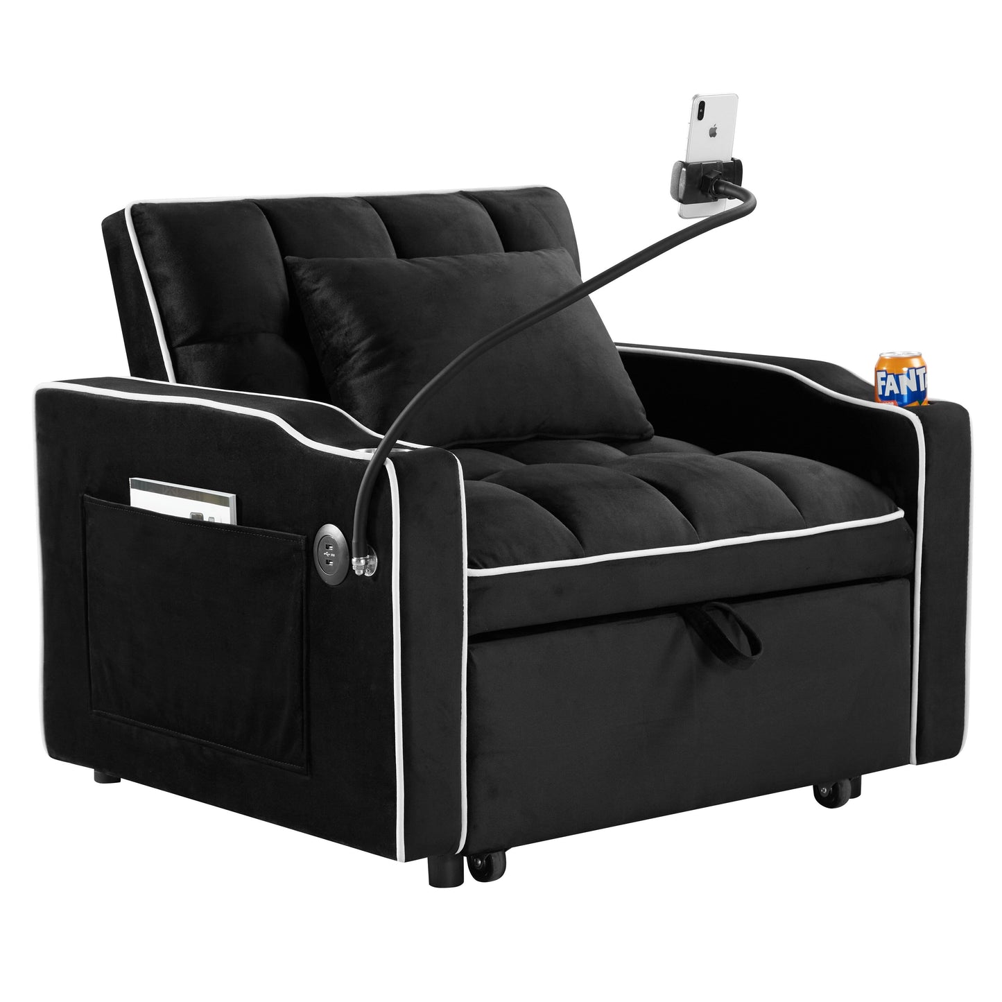 Black Velvet Single Convertible Sofa Bed with USB Charging Port