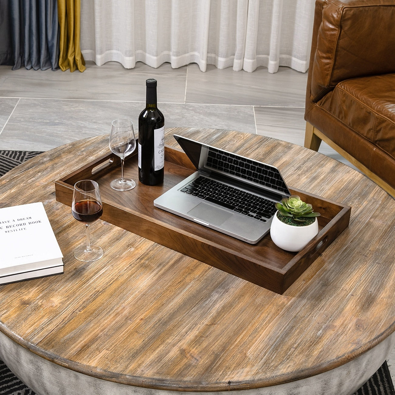 KINWELL Rectangle Black Walnut Wood Serving Tray Ottoman Tray