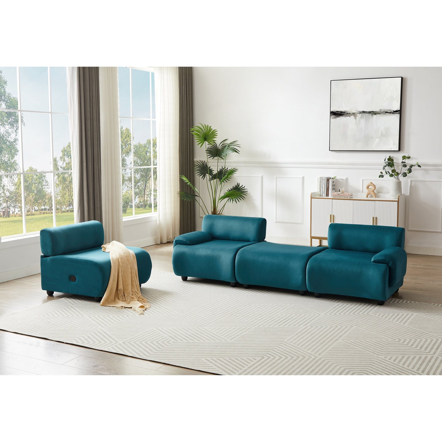 Blue 105 L-Shaped Convertible Sectional Sofa with Movable Ottoman and Deep Seat Design