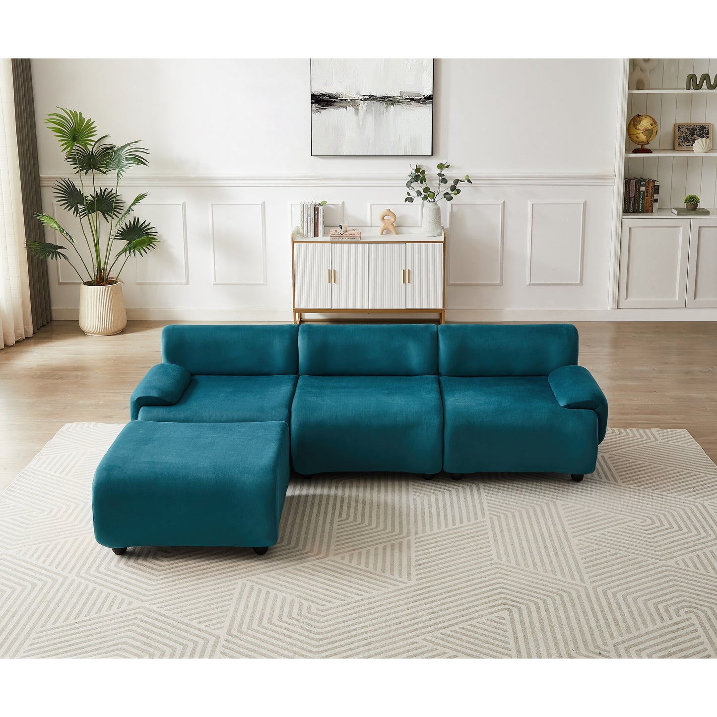 Blue 105 L-Shaped Convertible Sectional Sofa with Movable Ottoman and Deep Seat Design