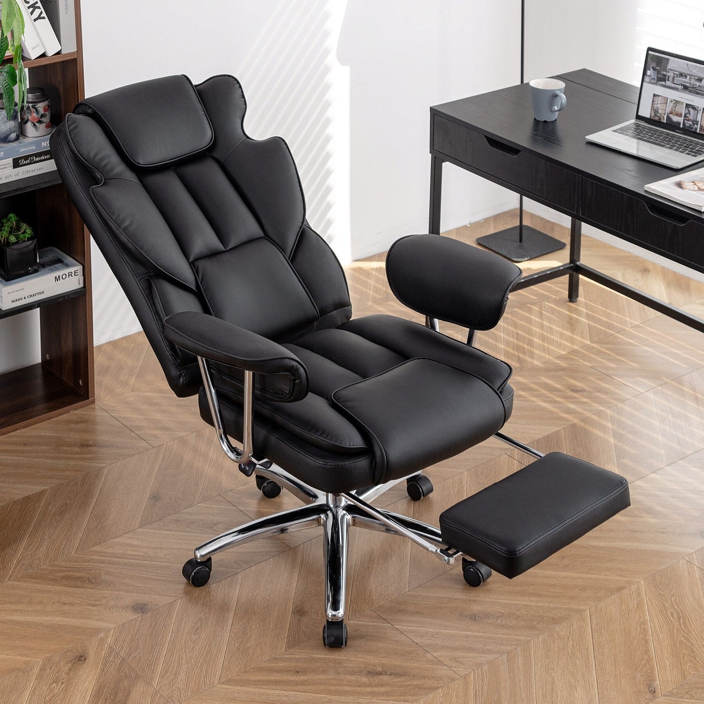 Bonded Leather 360° Swivel Ergonomic High Back Office Recliner with Lumbar Support, Footrest, Adjustable Height