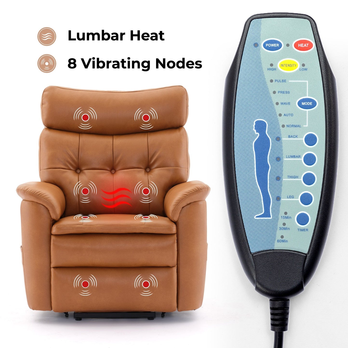 Caramel Leather Power Lift Recliner with 8-Point Massage, Lumbar Heating, USB, Flat Lay