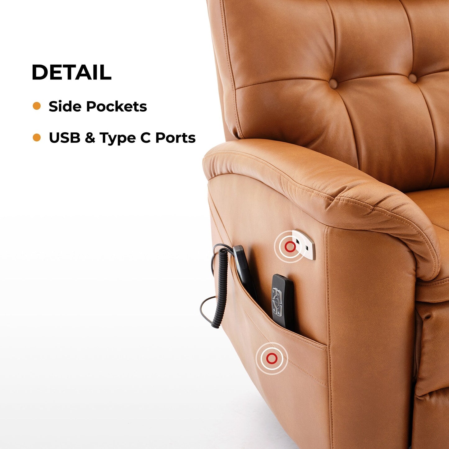 Caramel Leather Power Lift Recliner with 8-Point Massage, Lumbar Heating, USB, Flat Lay