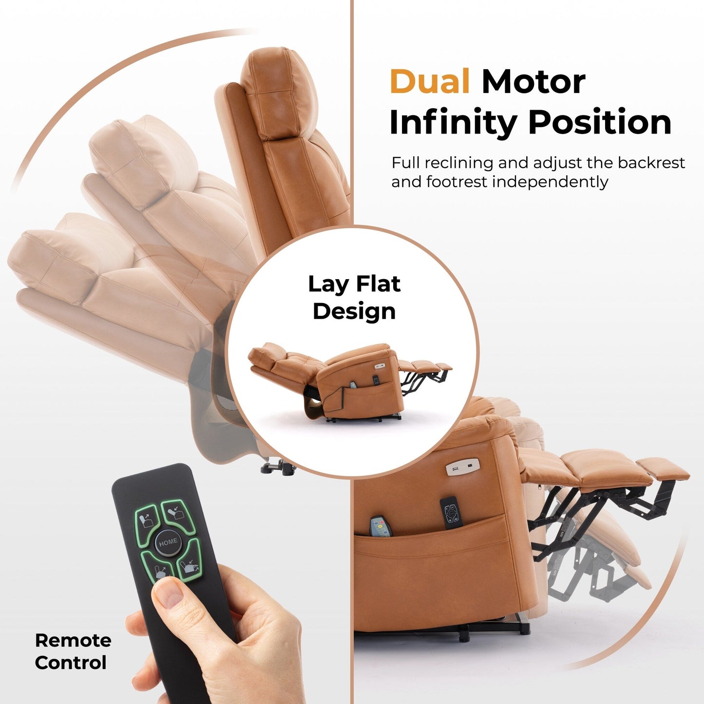 Caramel Leather Power Lift Recliner with 8-Point Massage, Lumbar Heating, USB, Flat Lay