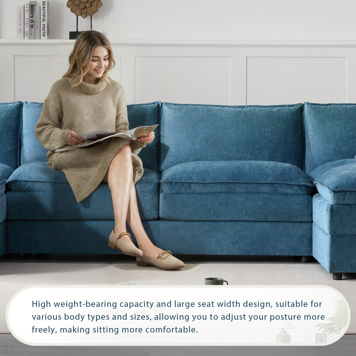 Chenille Modular Sectional Sofa,U Shaped Cloud Couch Set With Double Cushions,6 Seat Sofa With Movable Ottomans