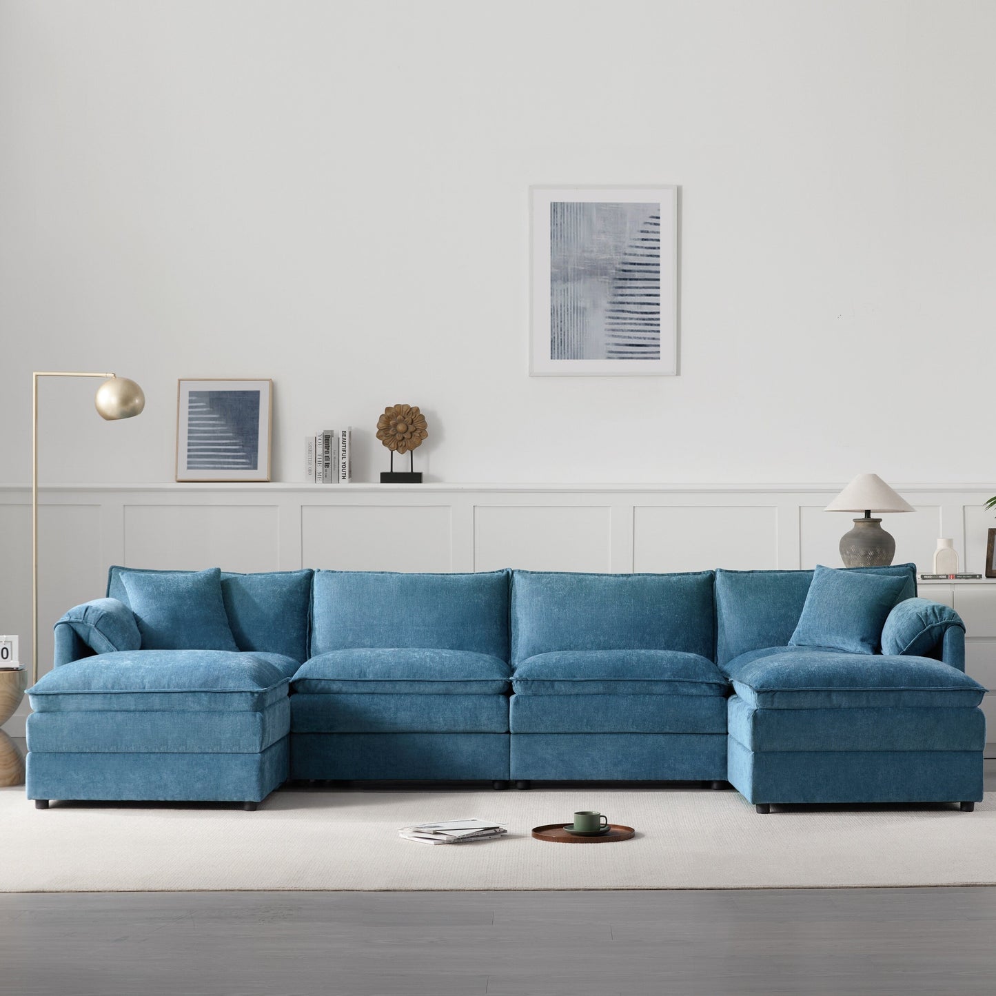 Chenille Modular Sectional Sofa,U Shaped Cloud Couch Set With Double Cushions,6 Seat Sofa With Movable Ottomans