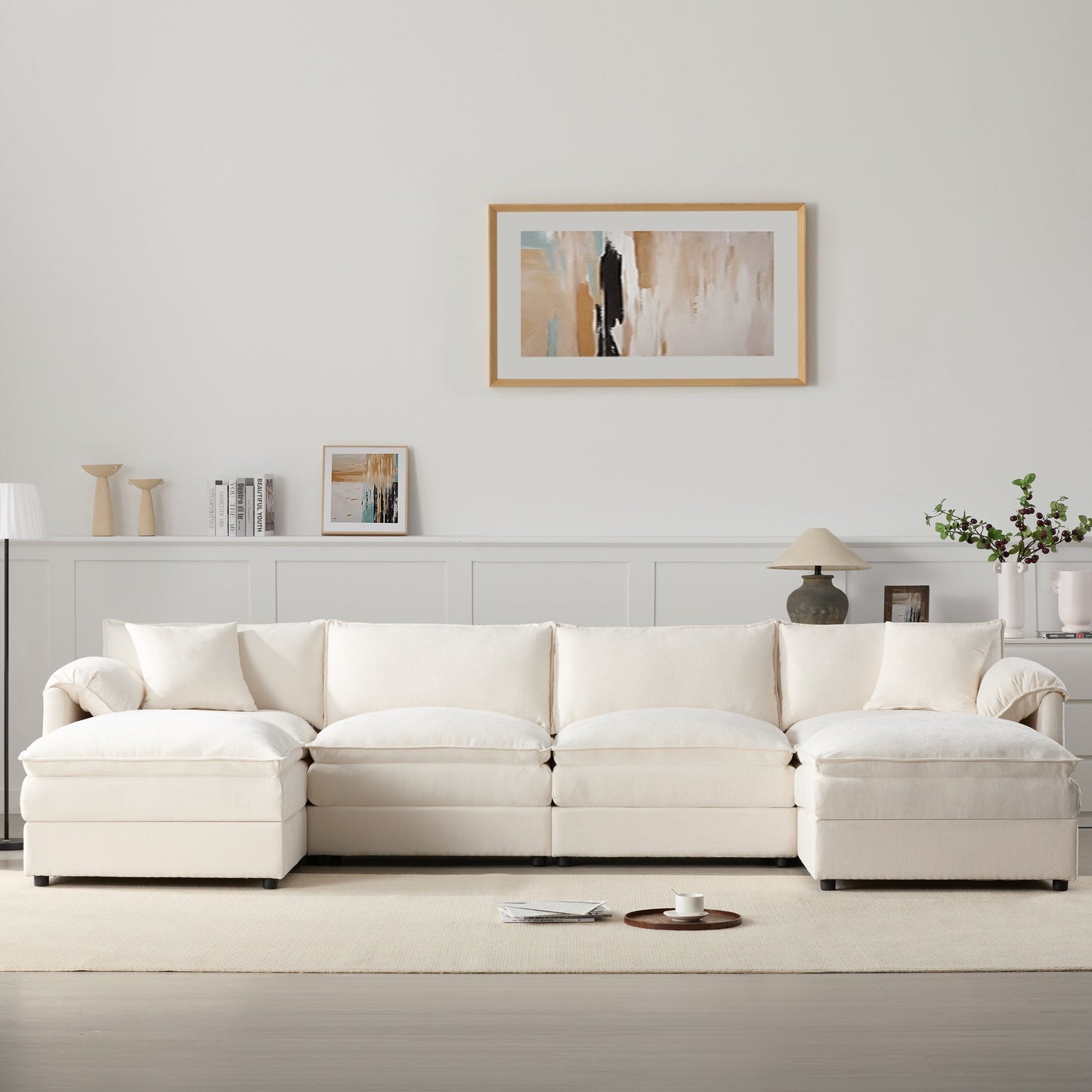 Chenille Modular Sectional Sofa,U Shaped Cloud Couch Set With Double Cushions,6 Seat Sofa With Movable Ottomans