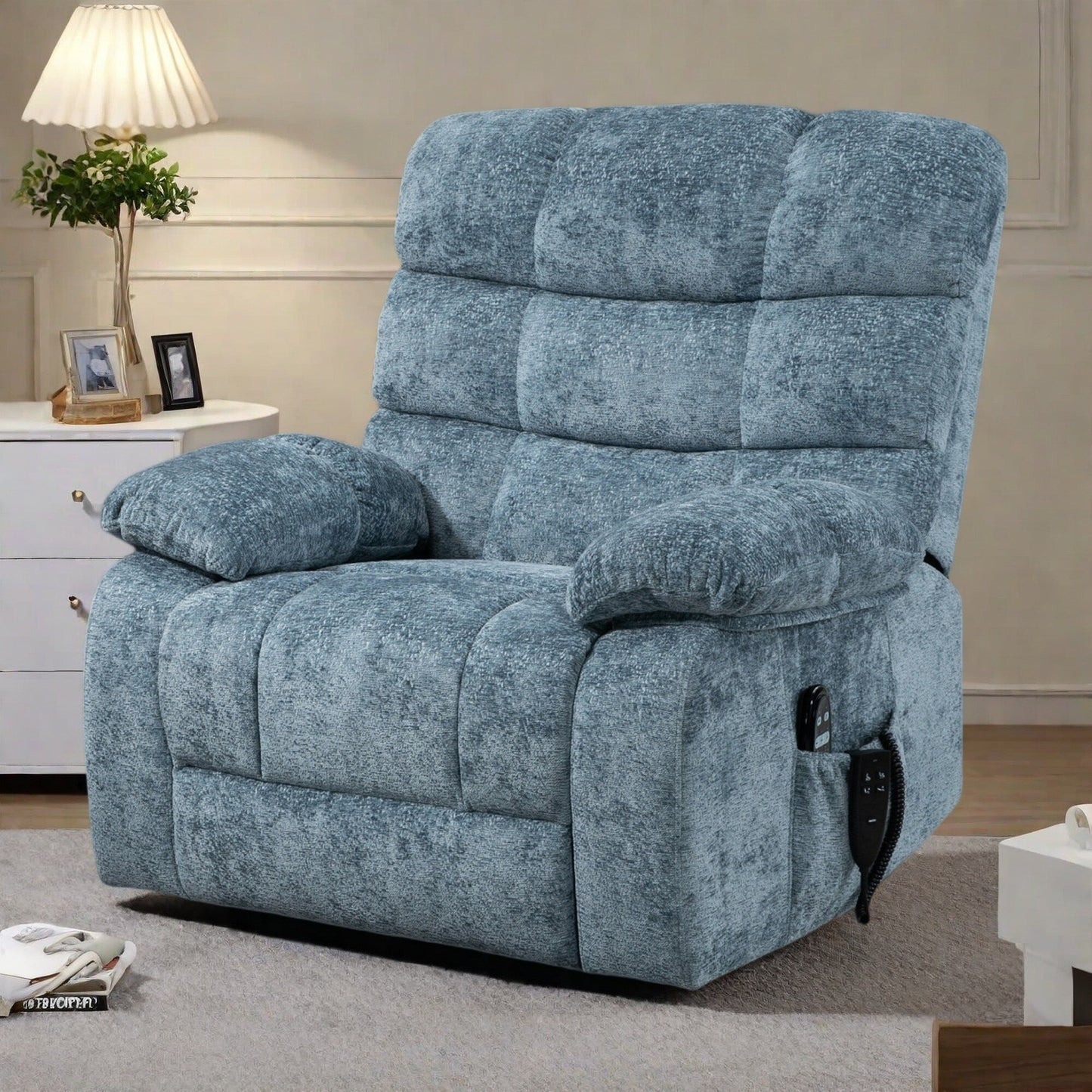 Chenille Oversized Power Lift Recliner Chair with Dual Motor, Massage, Lumbar Heat, and Full Recline