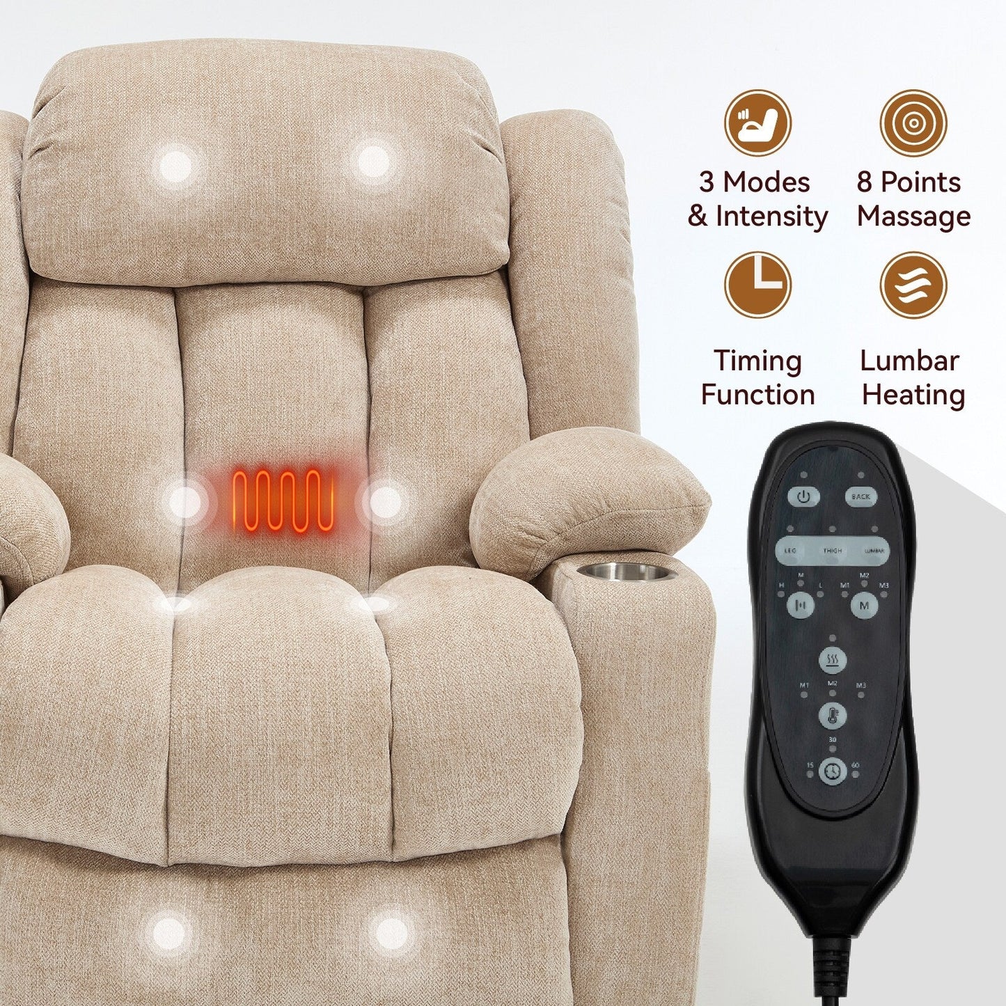 Chenille Power Lift Recliner 8 Point Vibration Massage Chair with Waist Heating, USB Ports and Stainless Steel Cup Holder