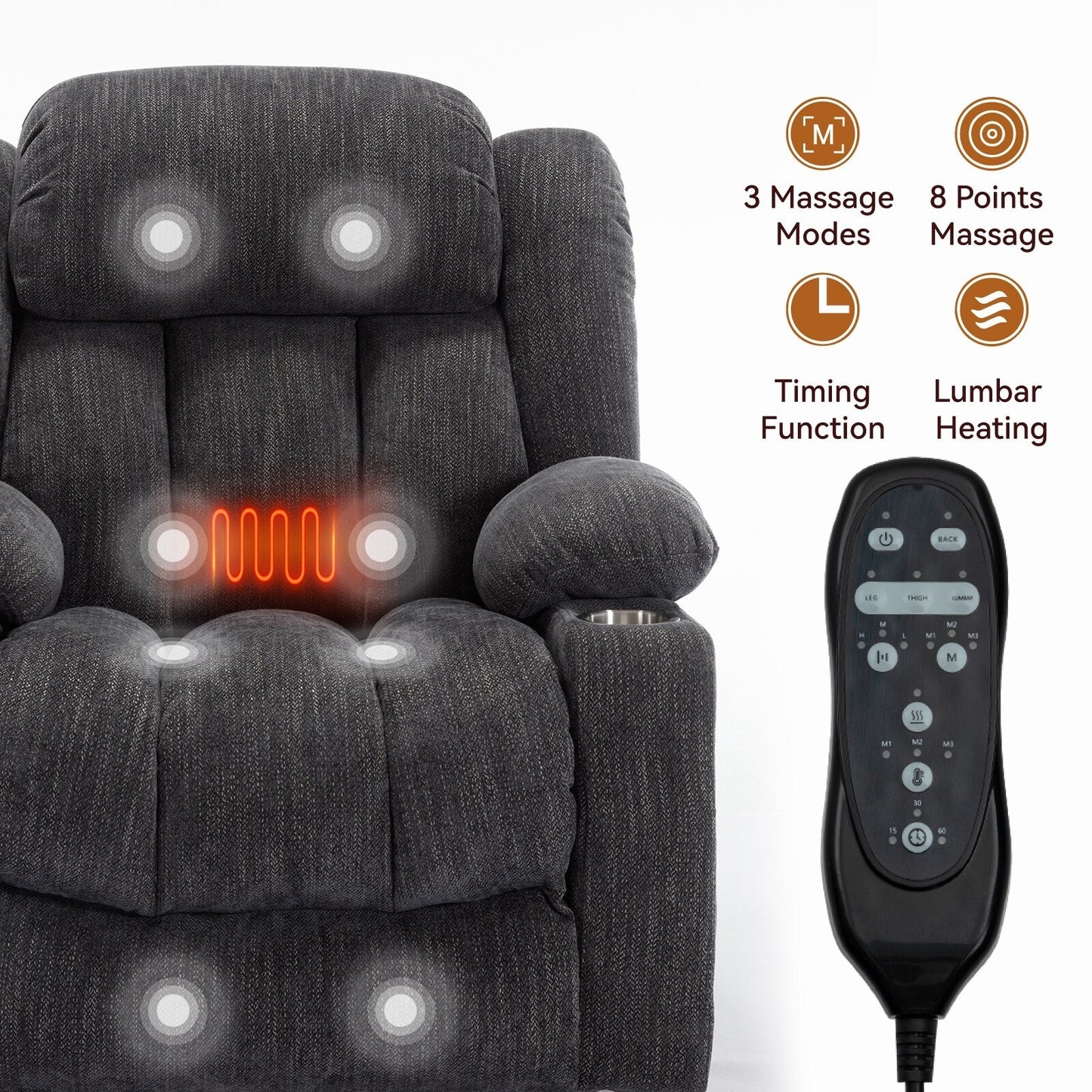 Chenille Power Lift Recliner 8 Point Vibration Massage Chair with Waist Heating, USB Ports and Stainless Steel Cup Holder