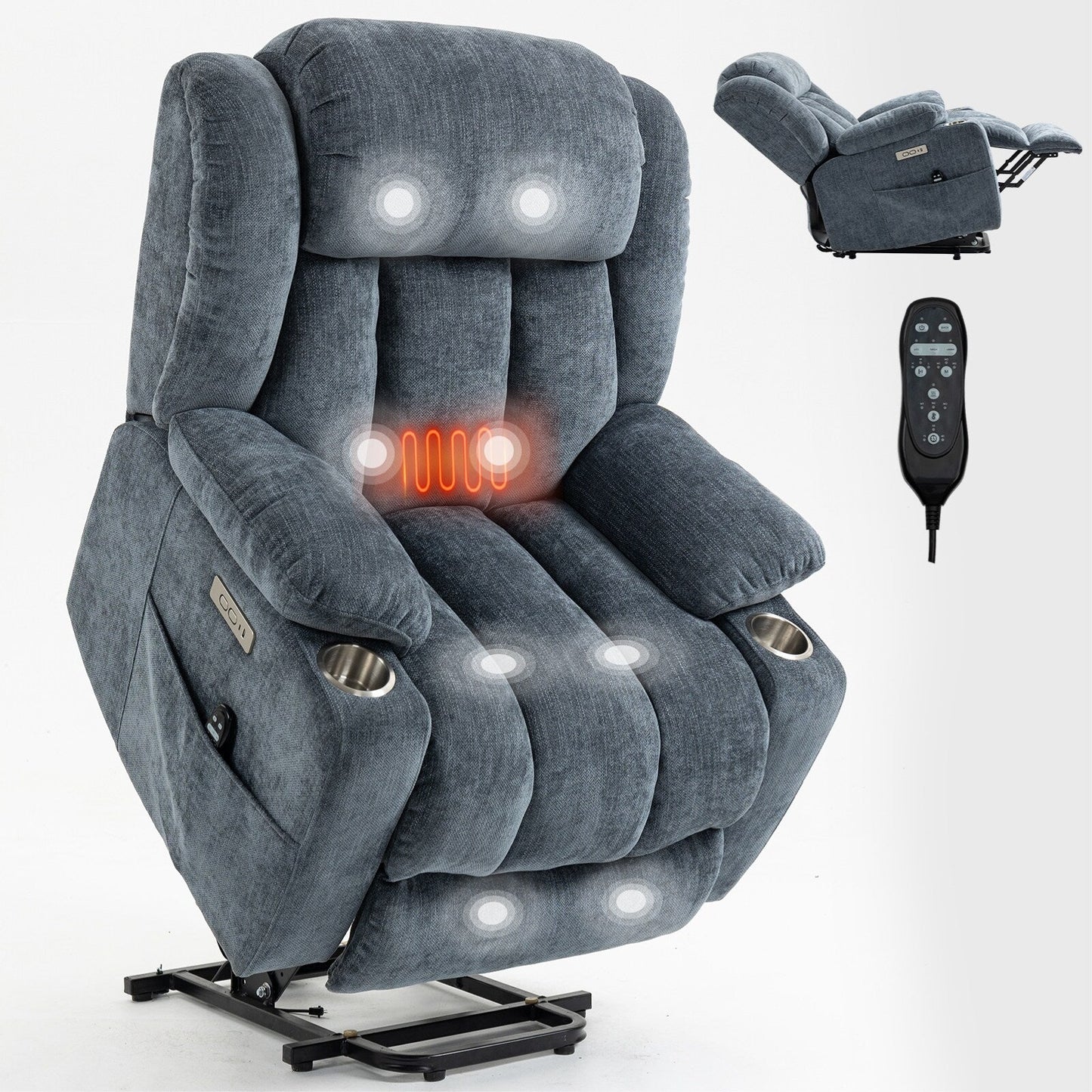 Chenille Power Lift Recliner 8 Point Vibration Massage Chair with Waist Heating, USB Ports and Stainless Steel Cup Holder