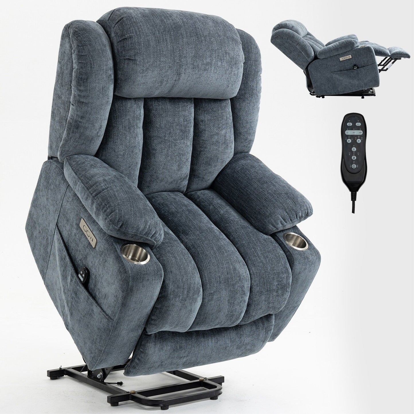 Chenille Power Lift Recliner 8 Point Vibration Massage Chair with Waist Heating, USB Ports and Stainless Steel Cup Holder
