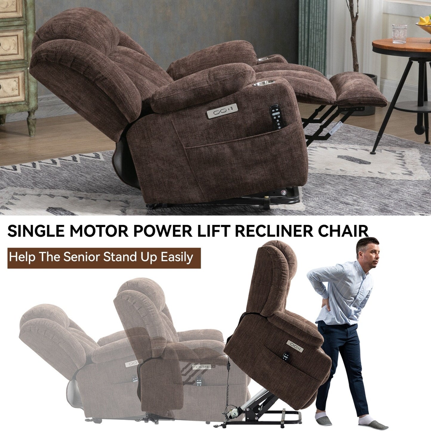 Chenille Power Lift Recliner 8 Point Vibration Massage Chair with Waist Heating, USB Ports and Stainless Steel Cup Holder