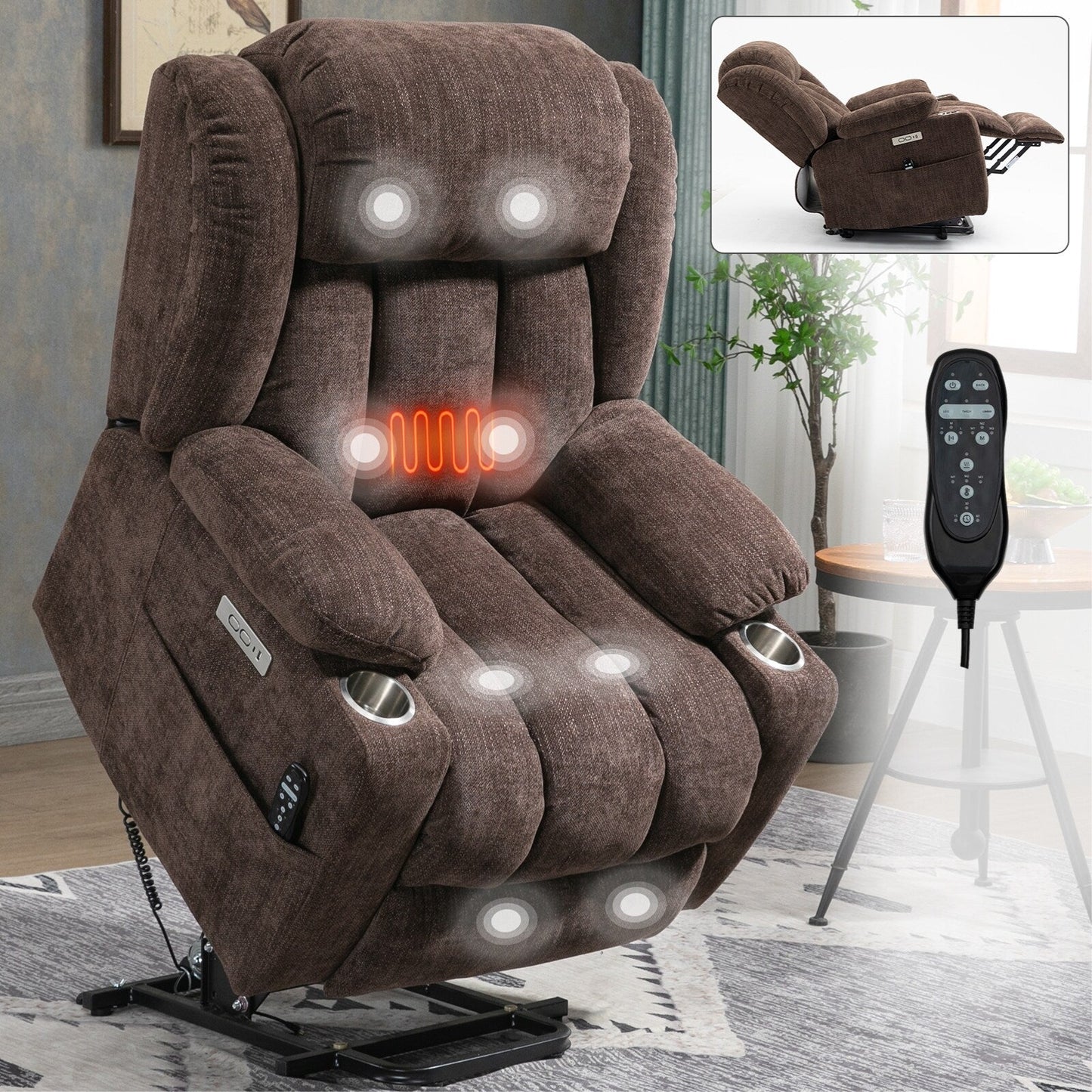 Chenille Power Lift Recliner 8 Point Vibration Massage Chair with Waist Heating, USB Ports and Stainless Steel Cup Holder