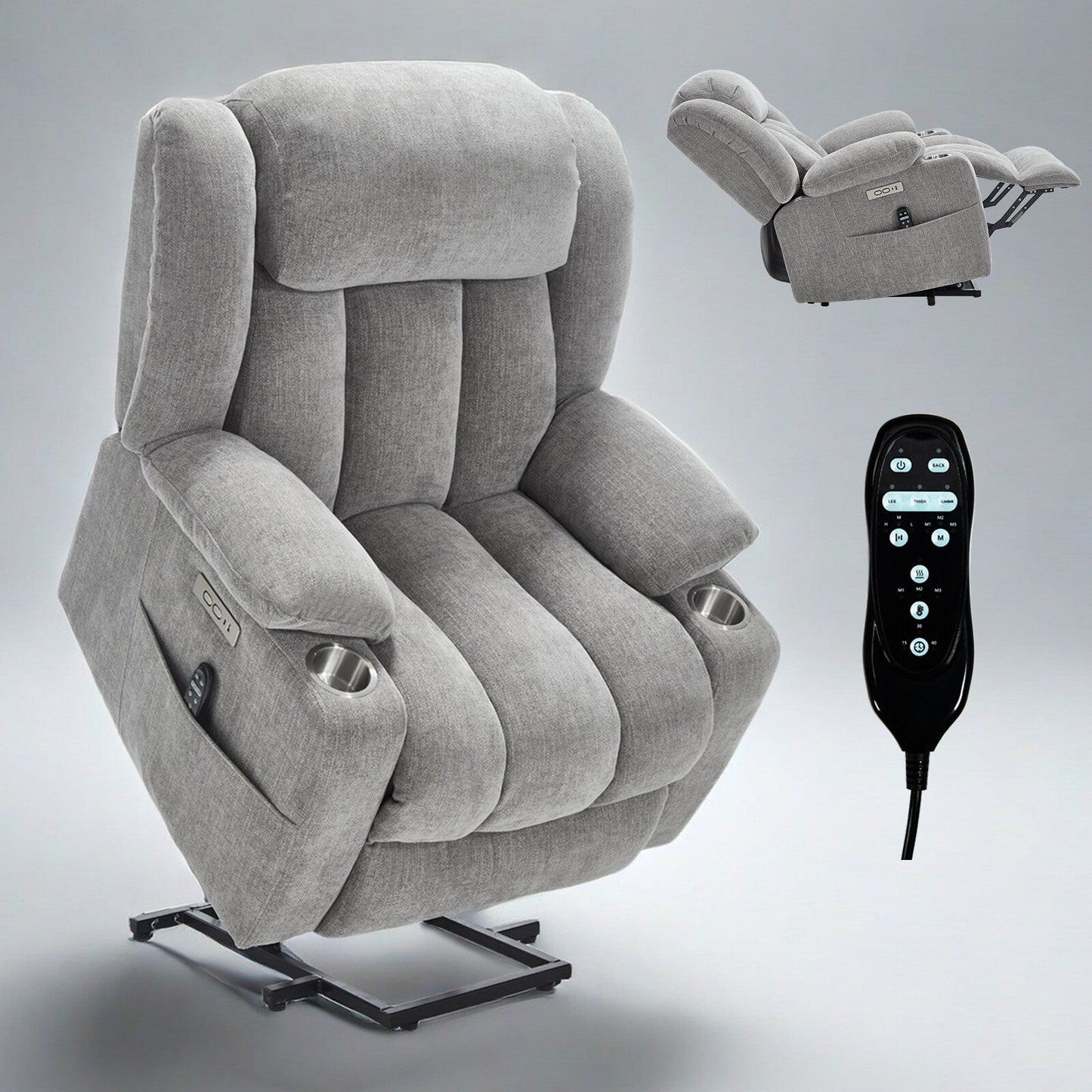 Chenille Power Lift Recliner 8 Point Vibration Massage Chair with Waist Heating, USB Ports and Stainless Steel Cup Holder