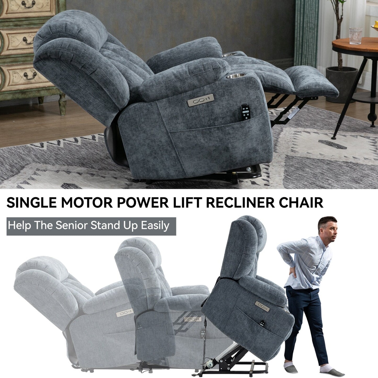Chenille Power Lift Recliner 8 Point Vibration Massage Chair with Waist Heating, USB Ports and Stainless Steel Cup Holder
