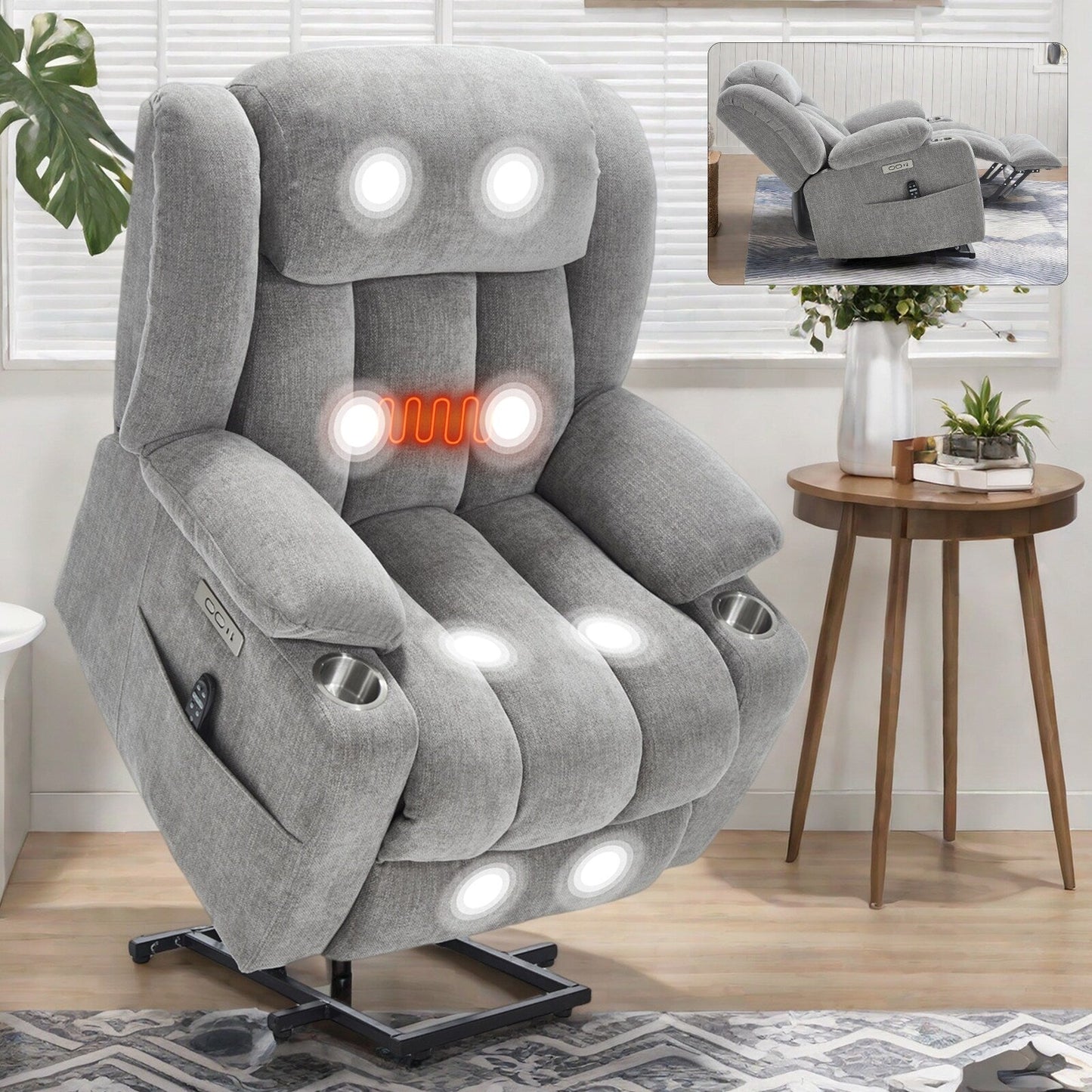 Chenille Power Lift Recliner 8 Point Vibration Massage Chair with Waist Heating, USB Ports and Stainless Steel Cup Holder