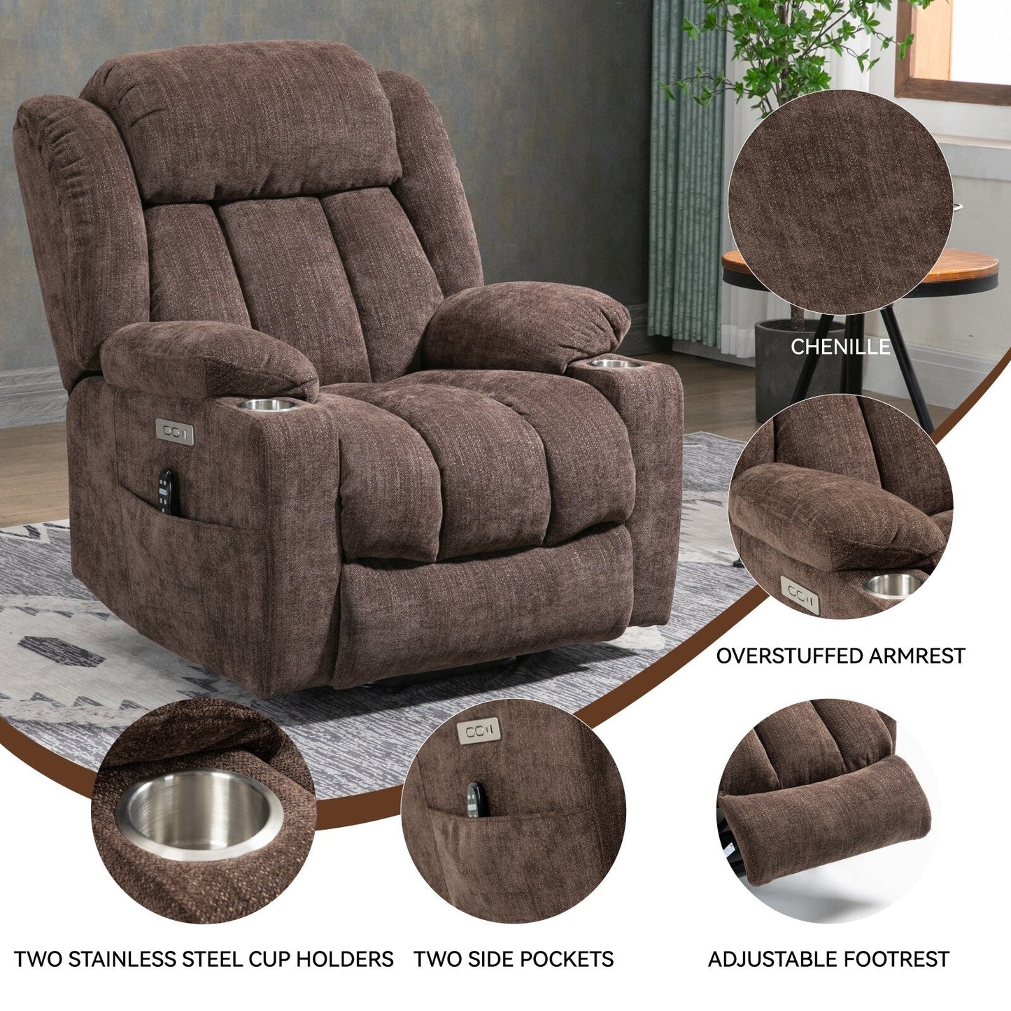 Chenille Power Lift Recliner 8 Point Vibration Massage Chair with Waist Heating, USB Ports and Stainless Steel Cup Holder