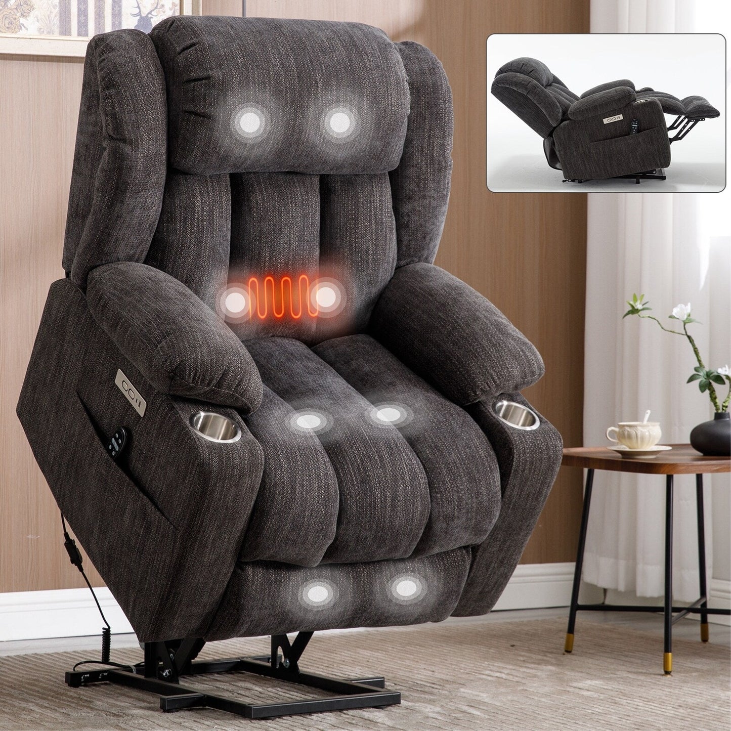 Chenille Power Lift Recliner 8 Point Vibration Massage Chair with Waist Heating, USB Ports and Stainless Steel Cup Holder