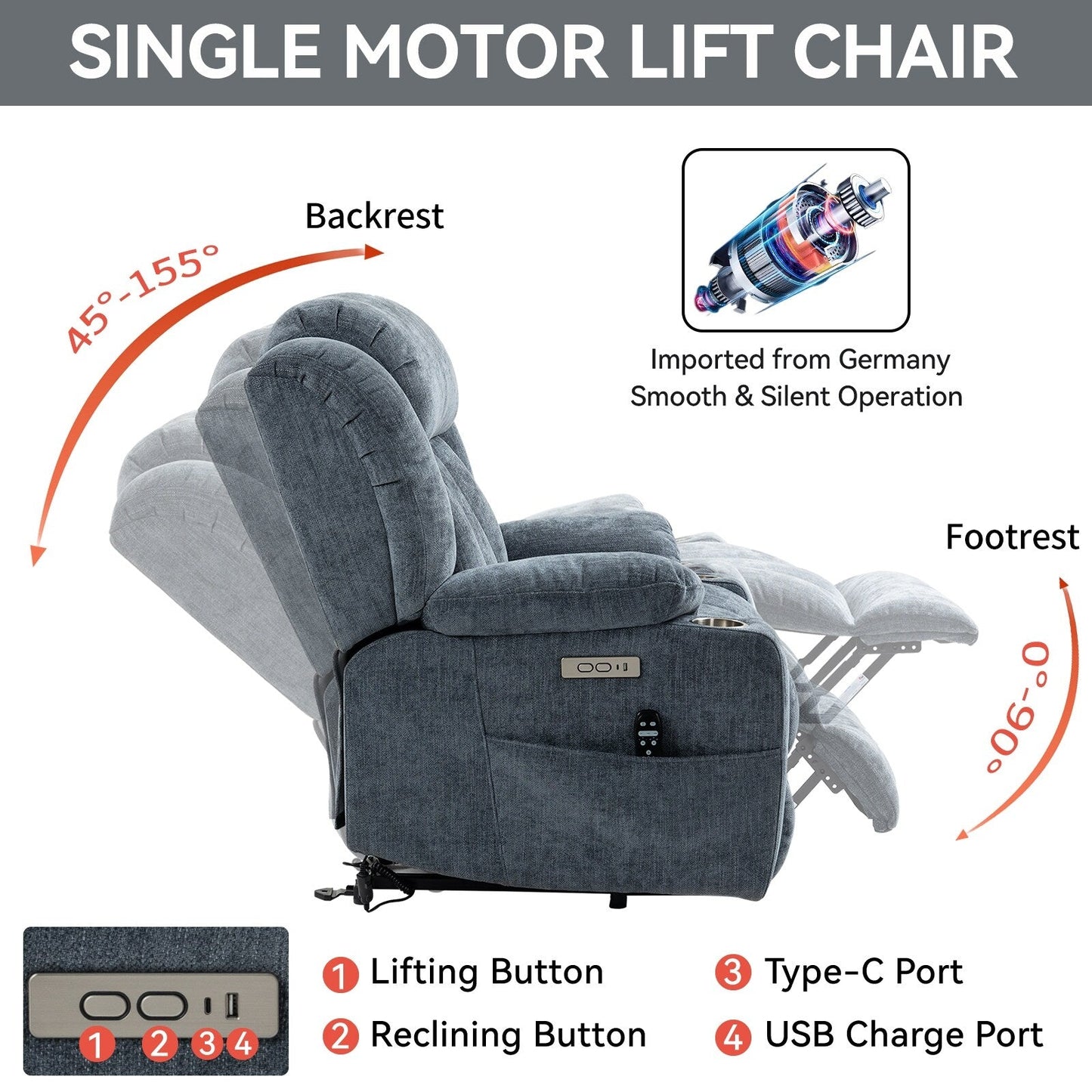 Chenille Power Lift Recliner 8 Point Vibration Massage Chair with Waist Heating, USB Ports and Stainless Steel Cup Holder