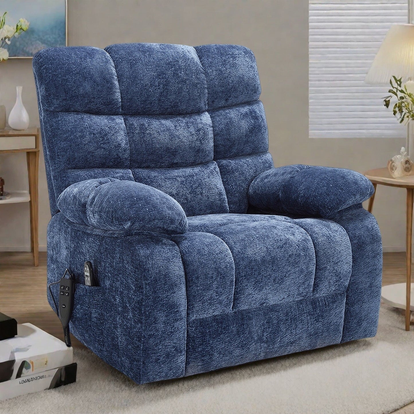 Chenille Power Lift Recliner Chair for Big and Tall with Massage, Heat, Dual Motors, and 180° Recline