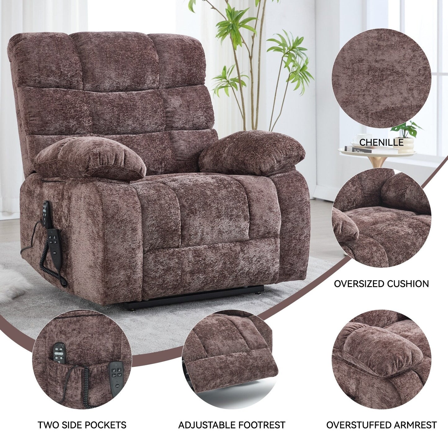 Chenille Power Lift Recliner Chair for Big and Tall with Massage, Heat, Dual Motors, and 180° Recline