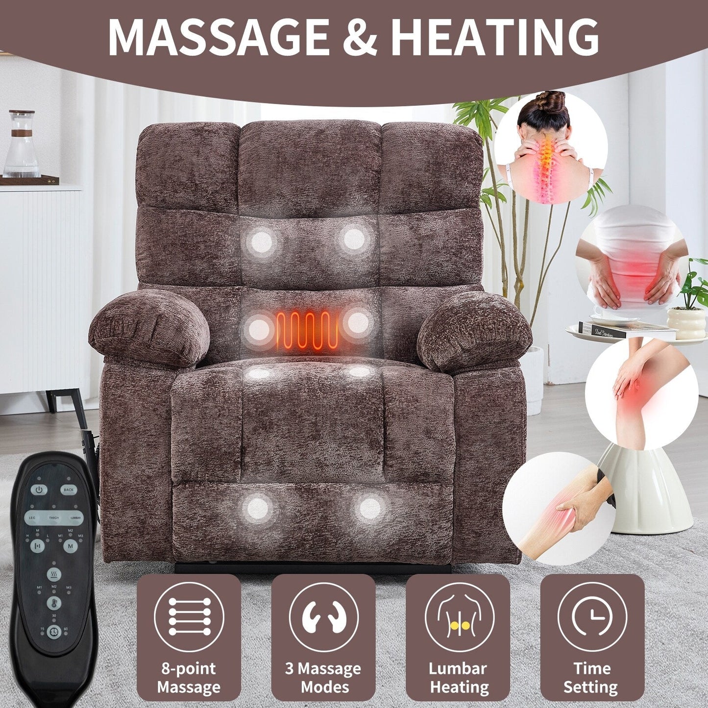 Chenille Power Lift Recliner Chair for Big and Tall with Massage, Heat, Dual Motors, and 180° Recline