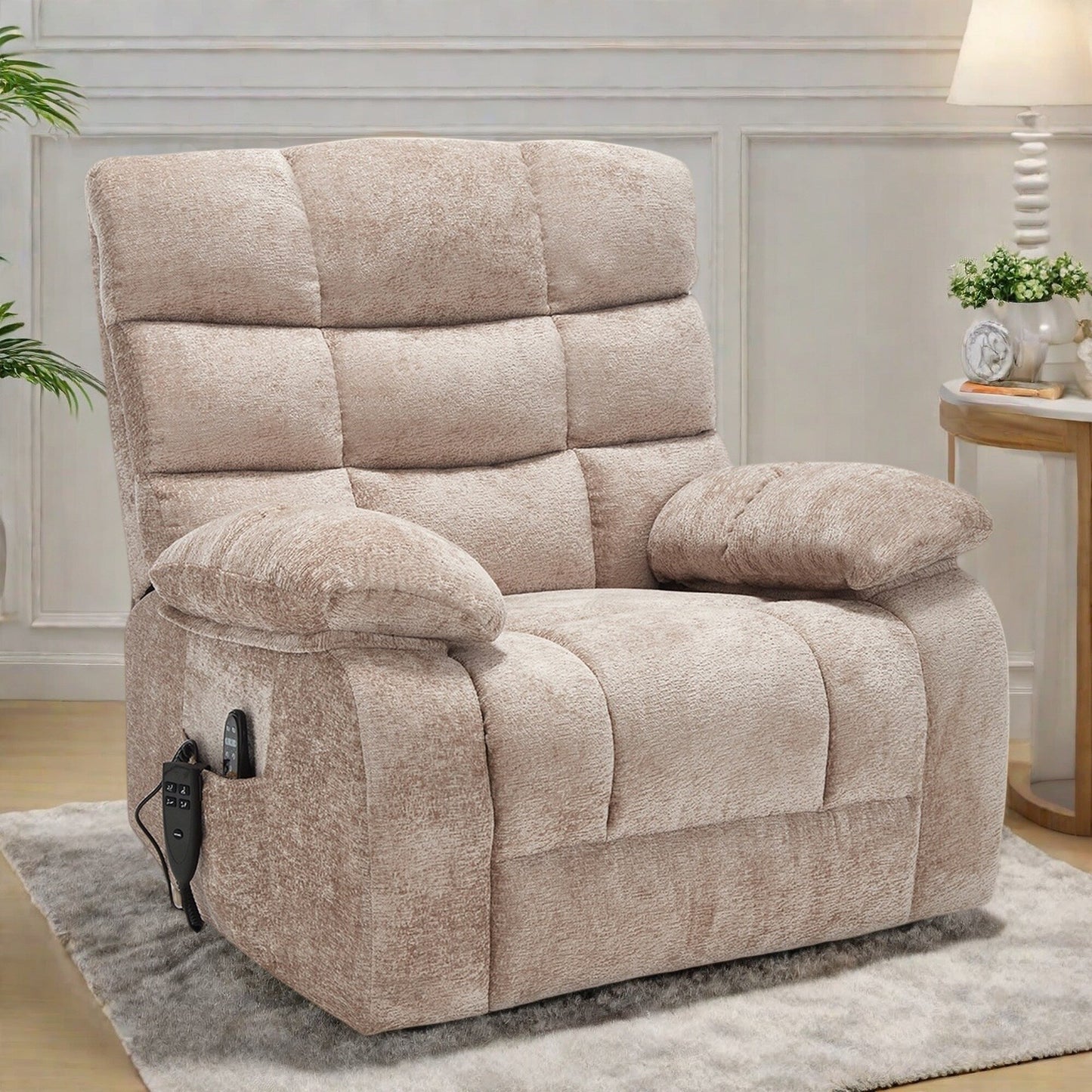Chenille Power Lift Recliner Chair for Big and Tall with Massage, Heat, Dual Motors, and 180° Recline