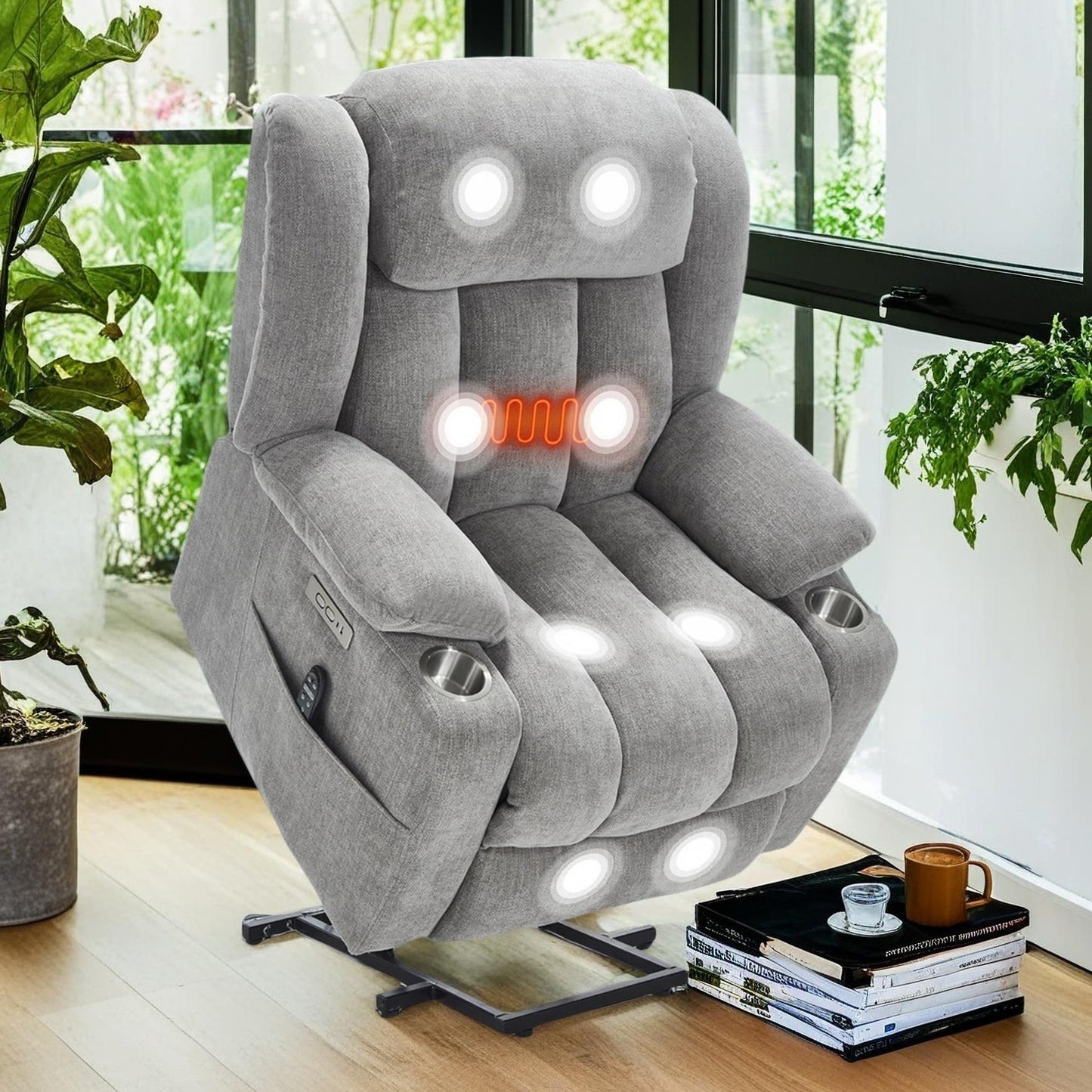 Chenille Power Lift Recliner Chair with Massage and Lumbar Heating, Dual Cup Holders
