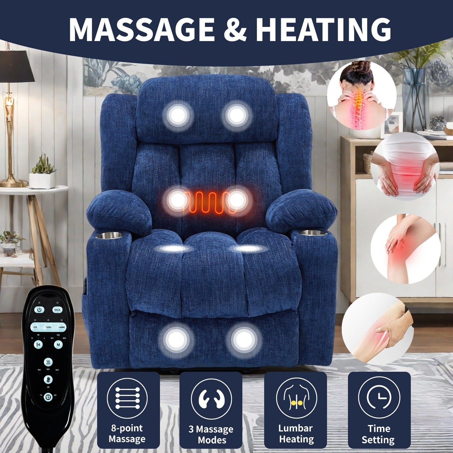 Chenille Power Lift Recliner Chair with Massage and Lumbar Heating, Dual Cup Holders