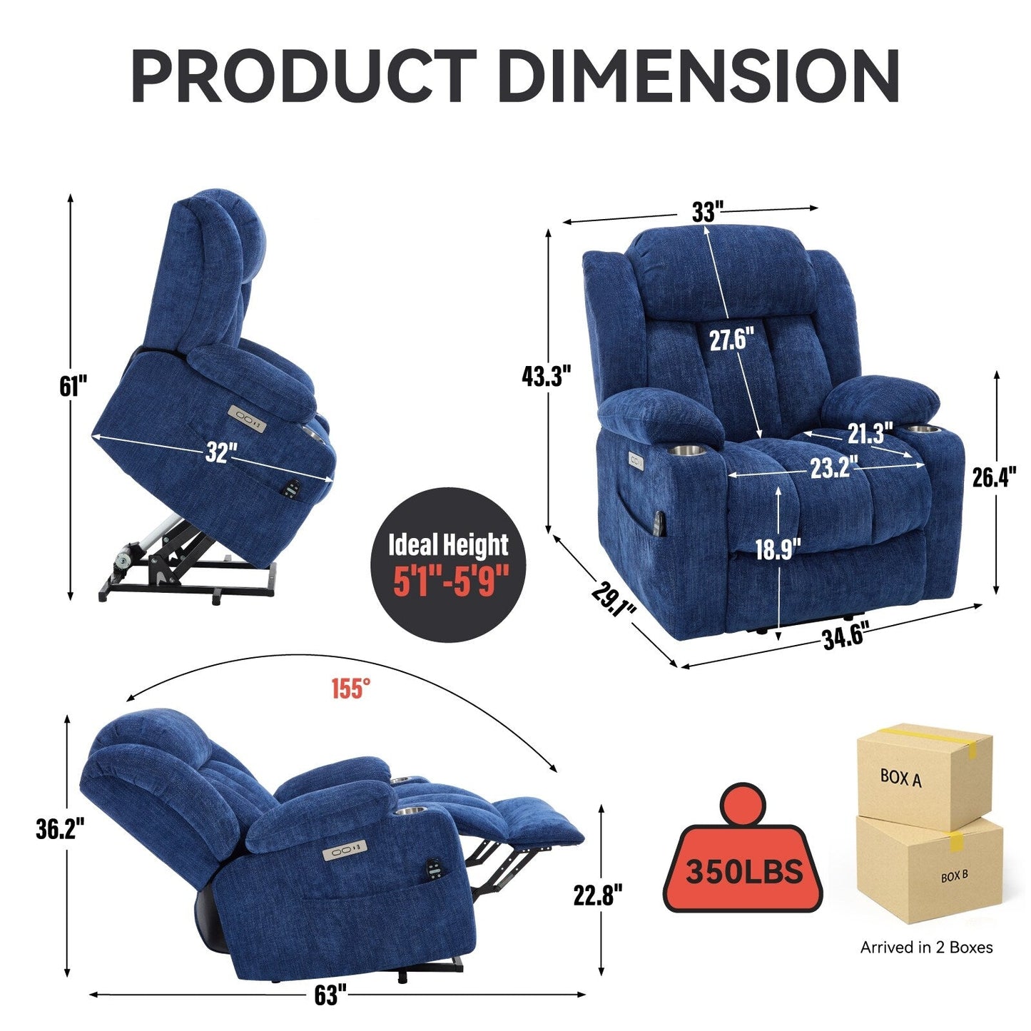 Chenille Power Lift Recliner wMassage, Heat, USB, Type-C, Cup Holders