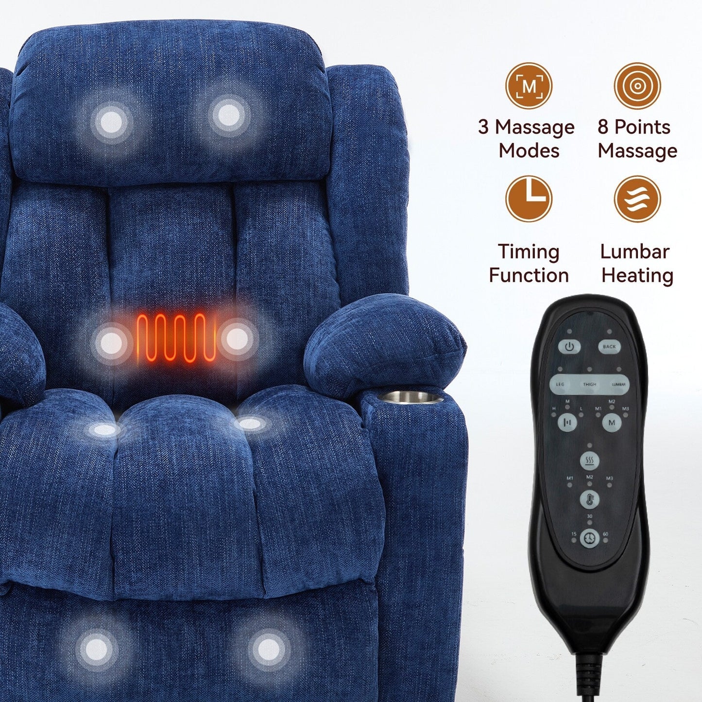 Chenille Power Lift Recliner wMassage, Heat, USB, Type-C, Cup Holders