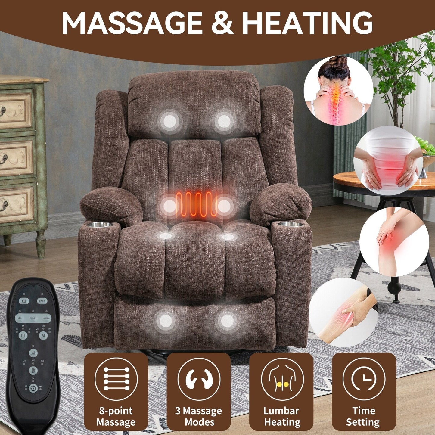 Chenille Power Lift Recliner wMassage, Heat, USB, Type-C, Cup Holders