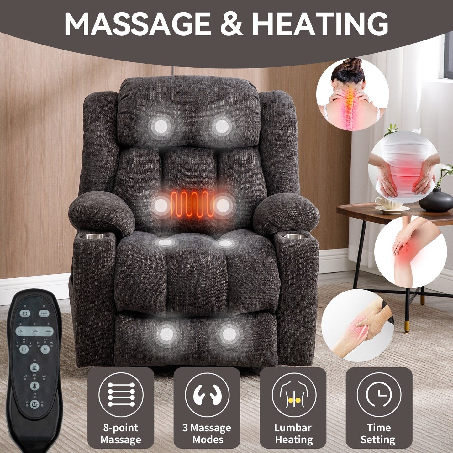 Chenille Power Lift Recliner wMassage, Heat, USB, Type-C, Cup Holders
