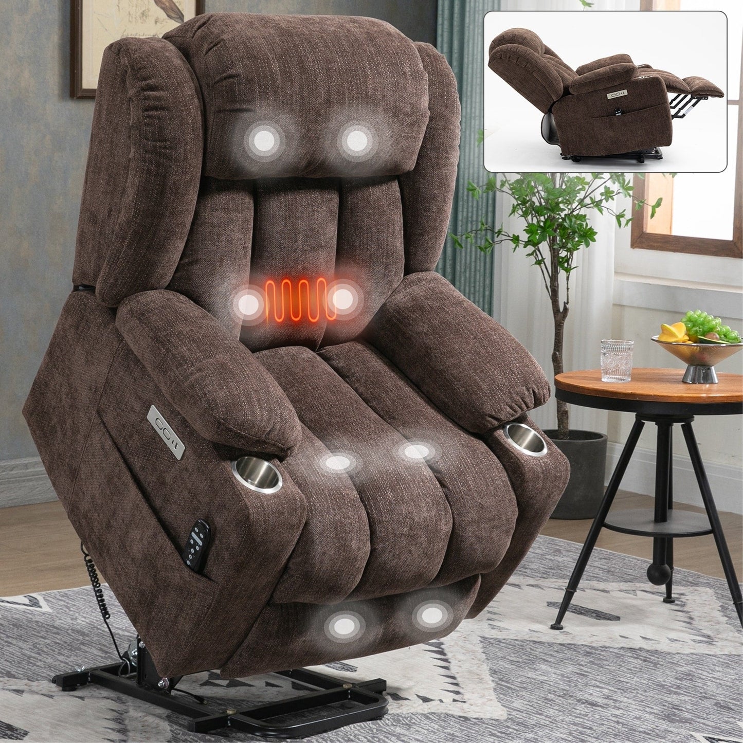 Chenille Power Lift Recliner wMassage, Heat, USB, Type-C, Cup Holders