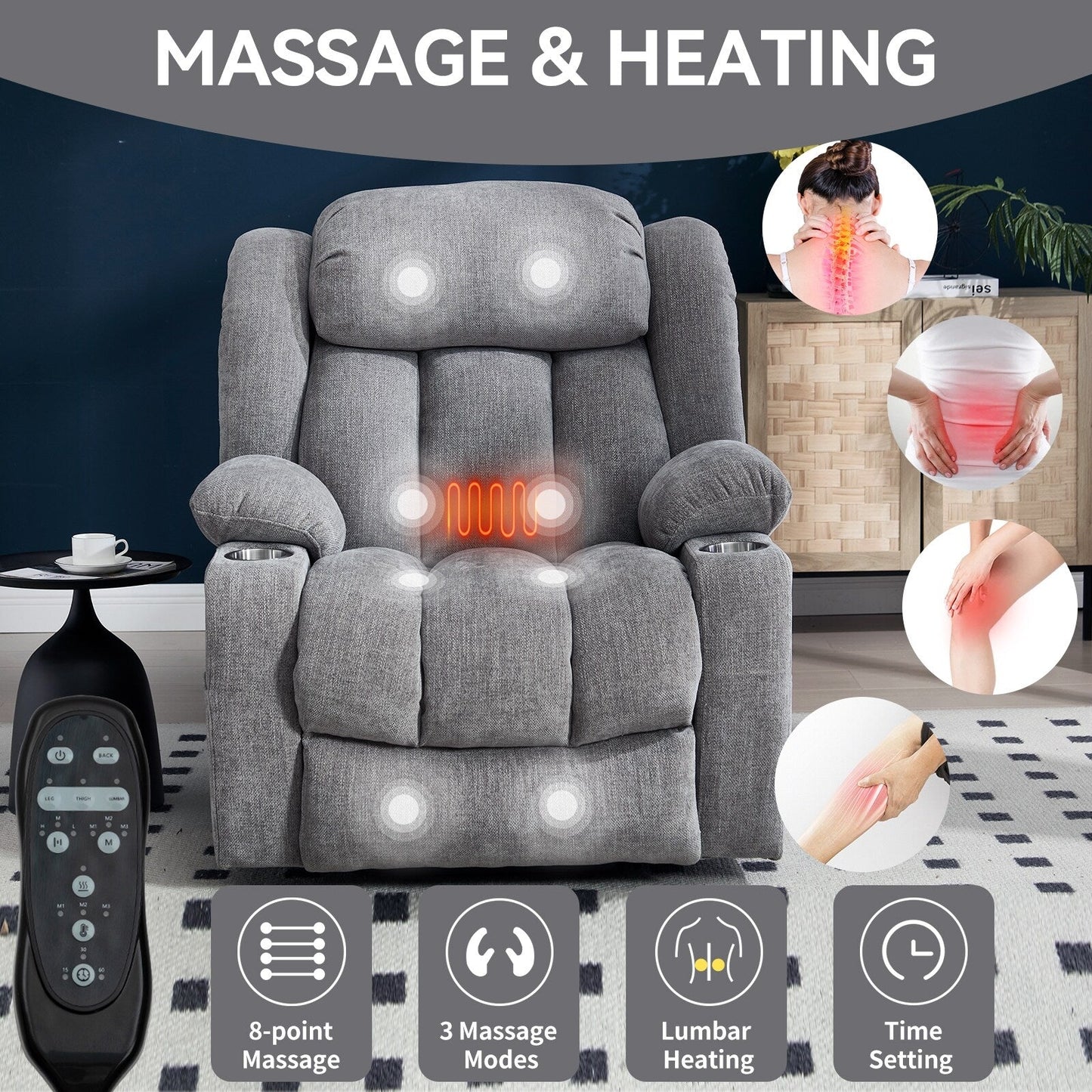 Chenille Power Lift Recliner wMassage, Heat, USB, Type-C, Cup Holders
