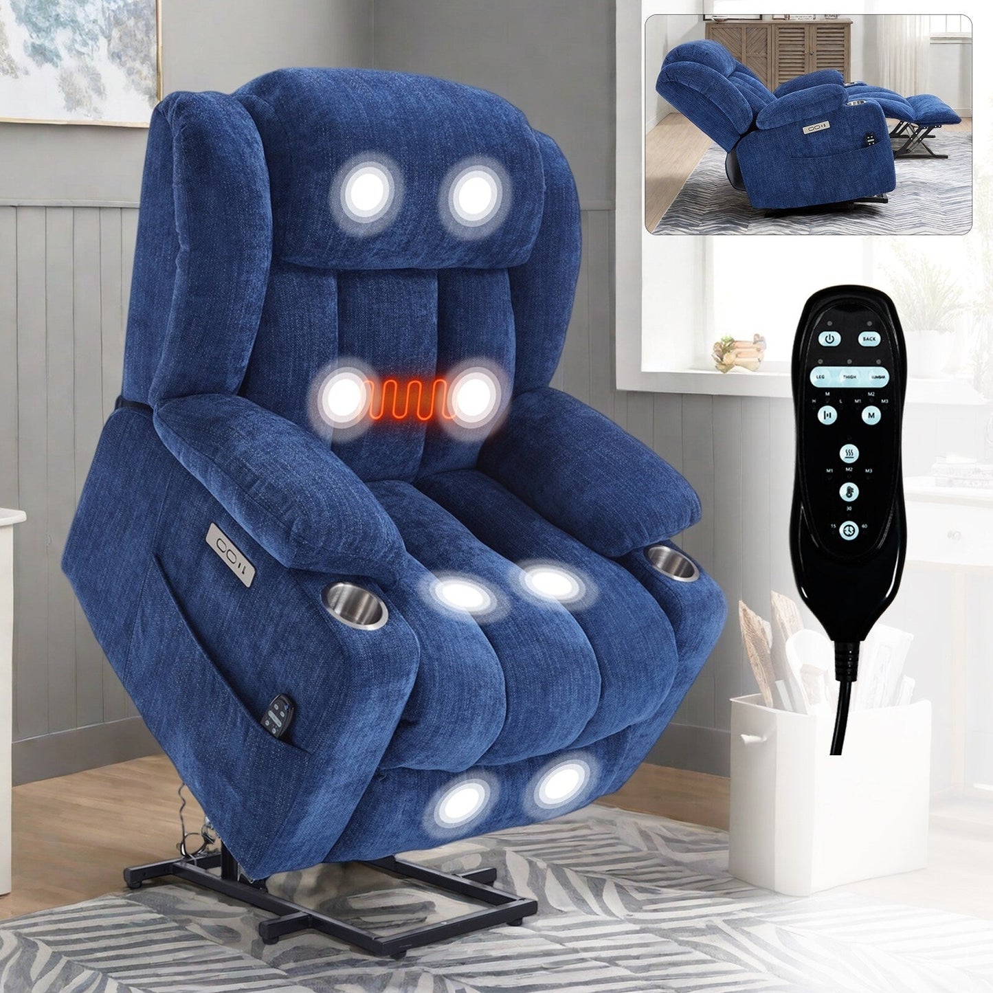 Chenille Power Lift Recliner wMassage, Heat, USB, Type-C, Cup Holders