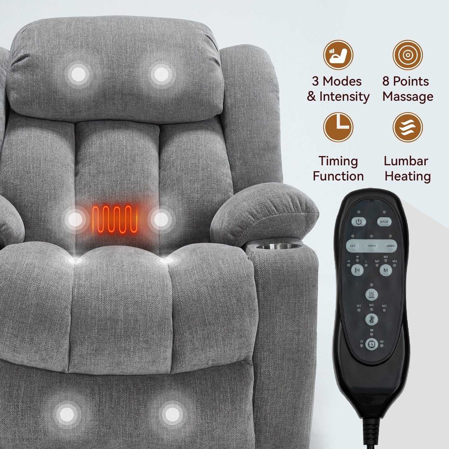 Chenille Power Lift Recliner wMassage, Heat, USB, Type-C, Cup Holders